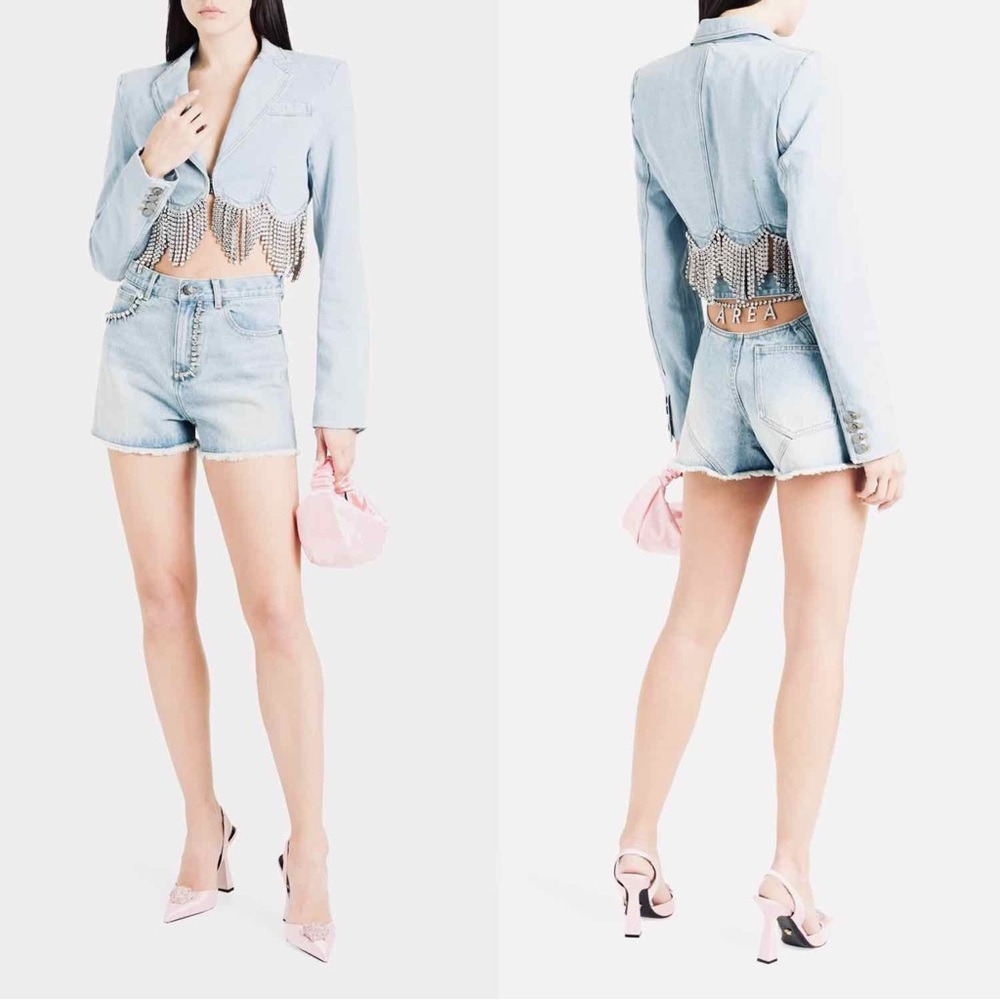 ⚡️⚡️AREA Scalloped Embellished Cropped Denim Jacket in Pale Blue, Size 4,NWT - Picture 8 of 17